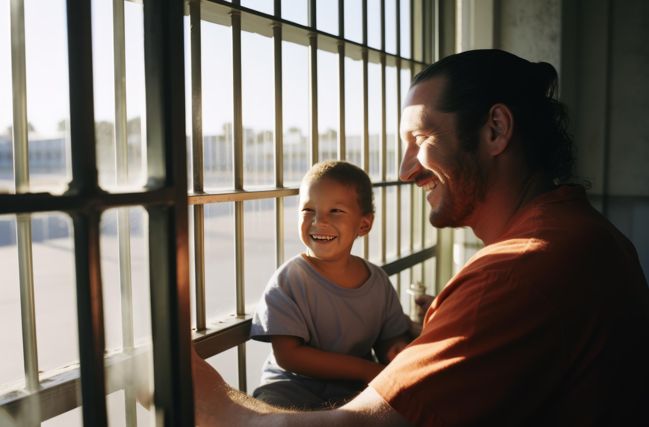 ein Vater im Gef?ngnis mit seinem Kind an einem Fenster